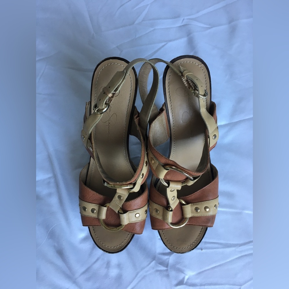 Jessica Simpson sexy leather tan/brown/metal platform stiletto heels. - Picture 7 of 8
